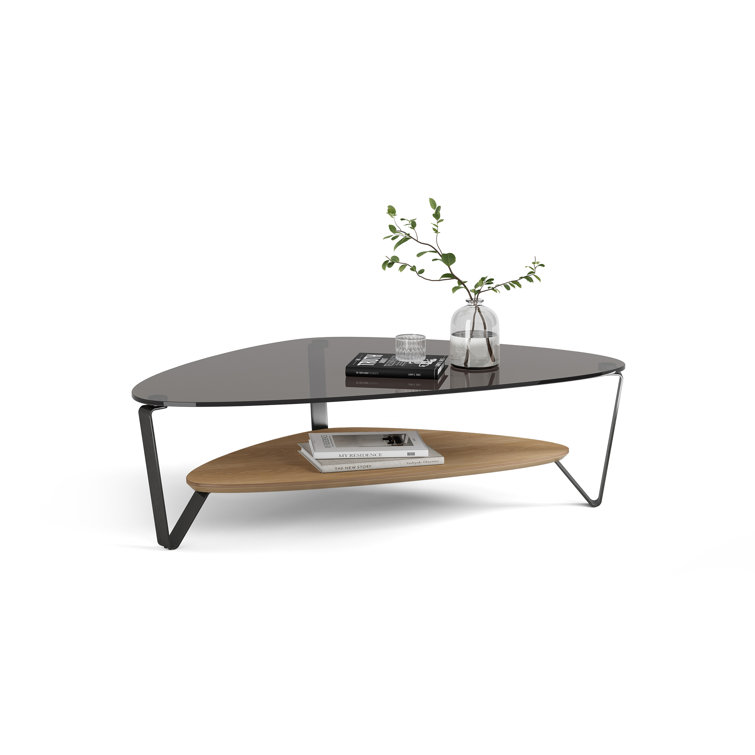 Triangular Glass Top Coffee Table with Washed Oak Shelf