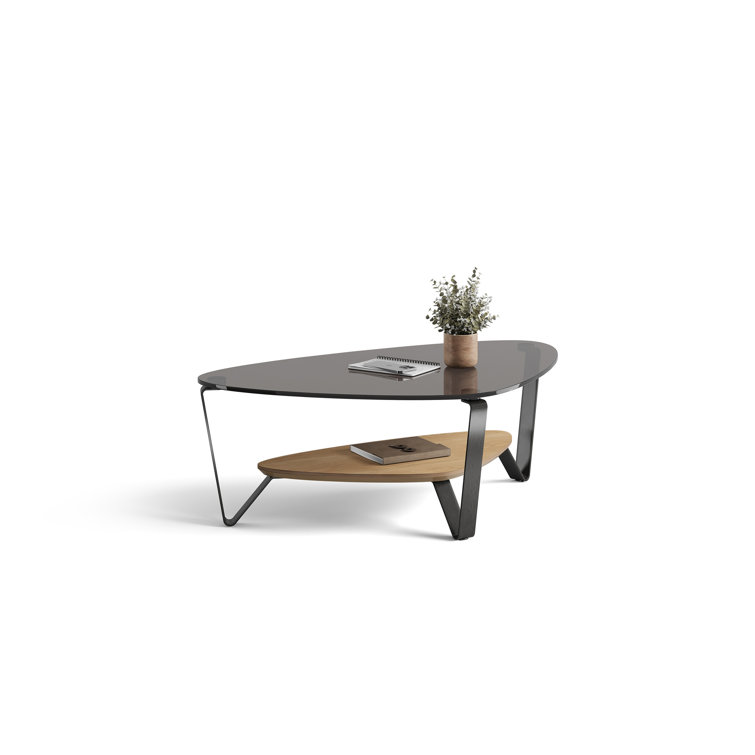 Triangular Glass Top Coffee Table with Washed Oak Shelf