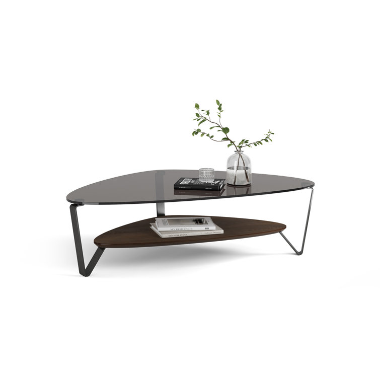 Triangular Glass Top Coffee Table with Toasted Oak Shelf