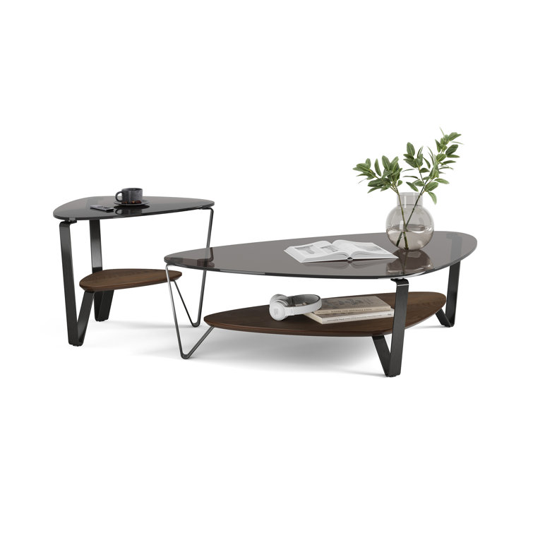 Triangular Glass Top Coffee Table with Toasted Oak Shelf