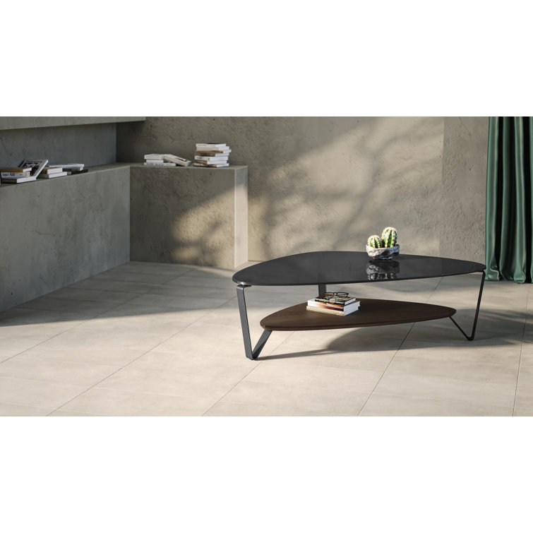 Triangular Glass Top Coffee Table with Toasted Oak Shelf