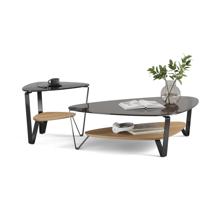 Triangular Glass Top Coffee Table with Washed Oak Shelf