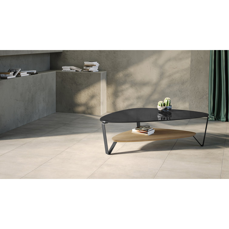 Triangular Glass Top Coffee Table with Washed Oak Shelf