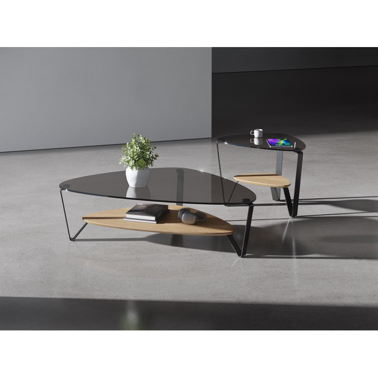 Triangular Glass Top Coffee Table with Washed Oak Shelf