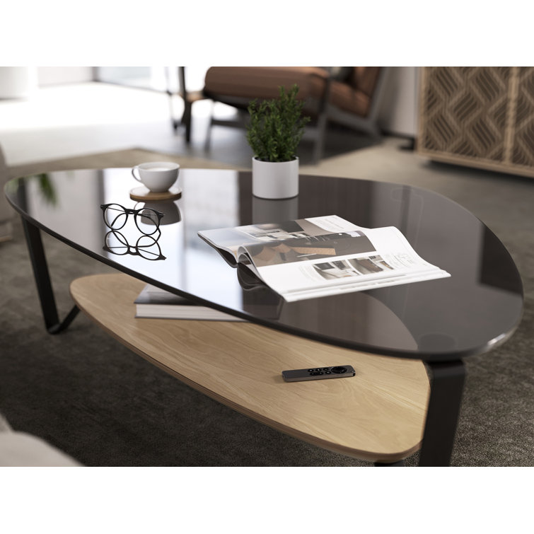 Triangular Glass Top Coffee Table with Washed Oak Shelf