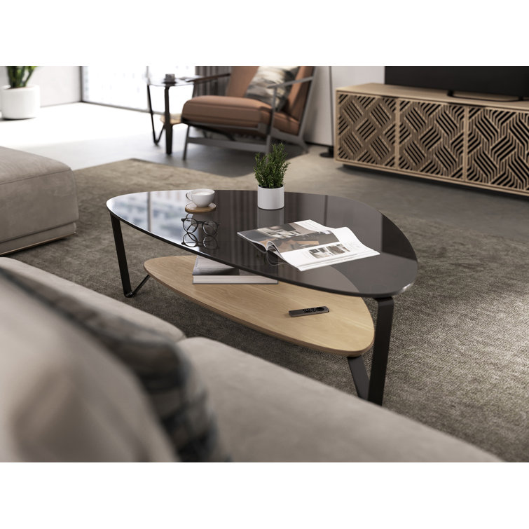Triangular Glass Top Coffee Table with Washed Oak Shelf