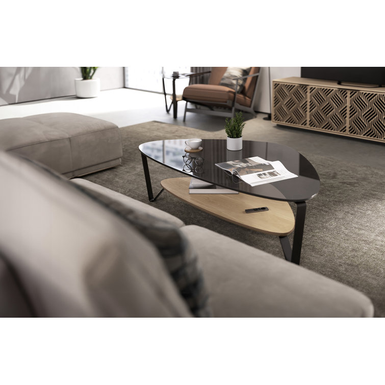Triangular Glass Top Coffee Table with Washed Oak Shelf
