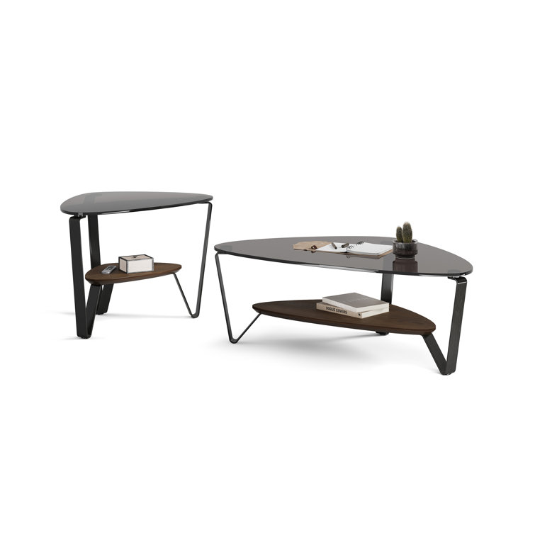 Triangular Glass Top Coffee Table with Toasted Oak Shelf