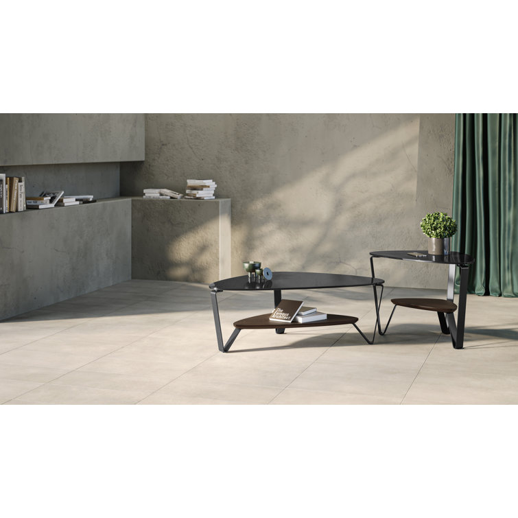 Triangular Glass Top Coffee Table with Toasted Oak Shelf