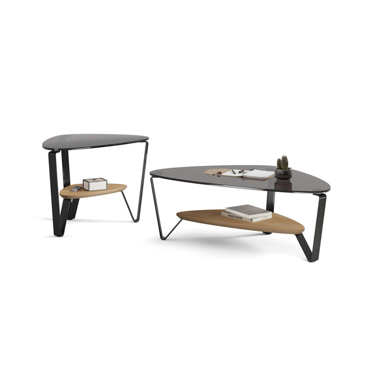 Triangular Glass Top Coffee Table with Washed Oak Shelf