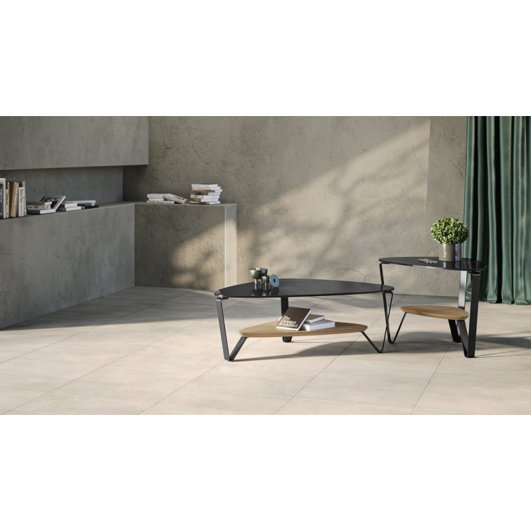 Triangular Glass Top Coffee Table with Washed Oak Shelf