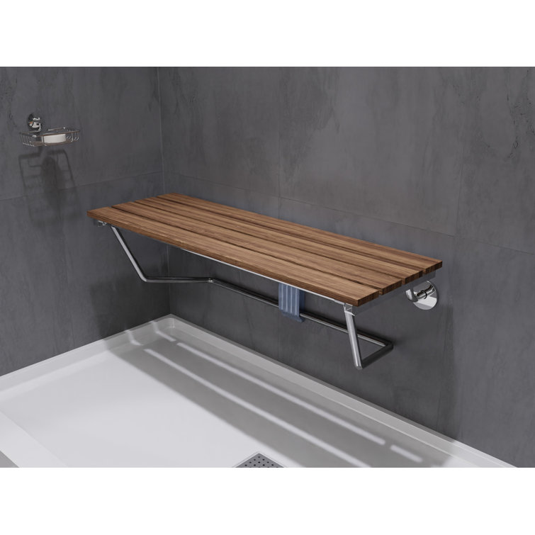 Polished Chrome Teak Wood Wall Mounted Folding Shower Seat
