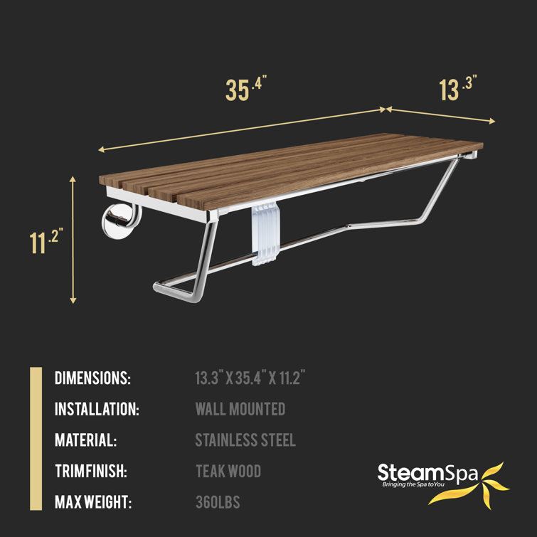 Polished Chrome Teak Wood Wall Mounted Folding Shower Seat