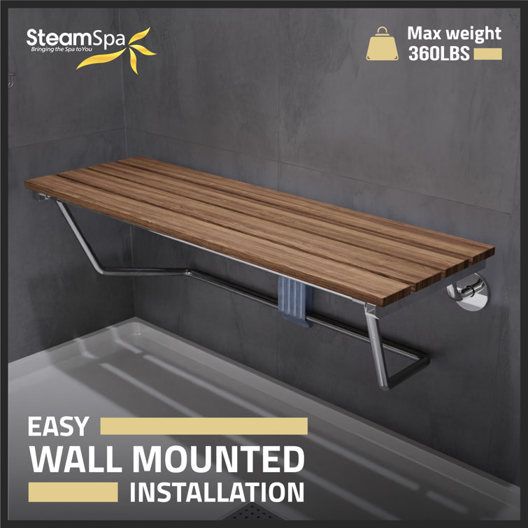 Polished Chrome Teak Wood Wall Mounted Folding Shower Seat