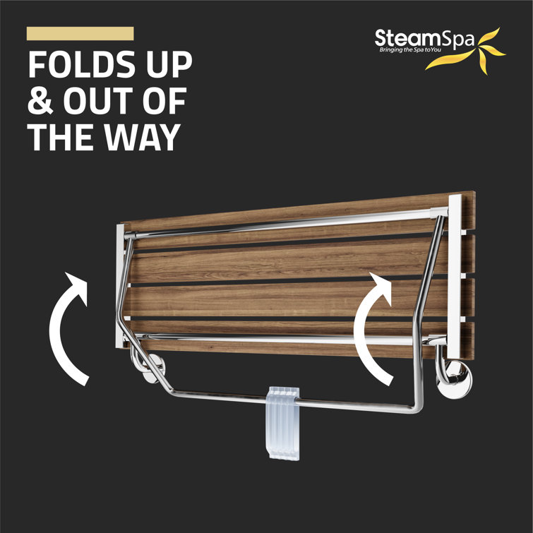 Polished Chrome Teak Wood Wall Mounted Folding Shower Seat