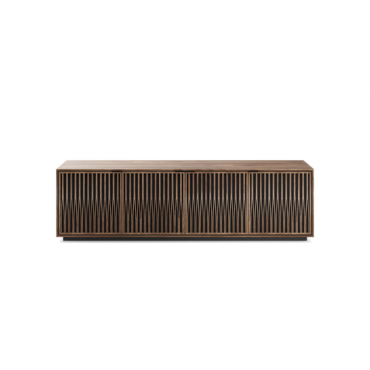 Natural Walnut and Black Media Cabinet with Rolling Base