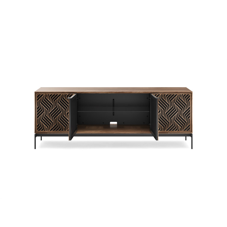 Natural Walnut and Black Patterned Media Console with Cabinet