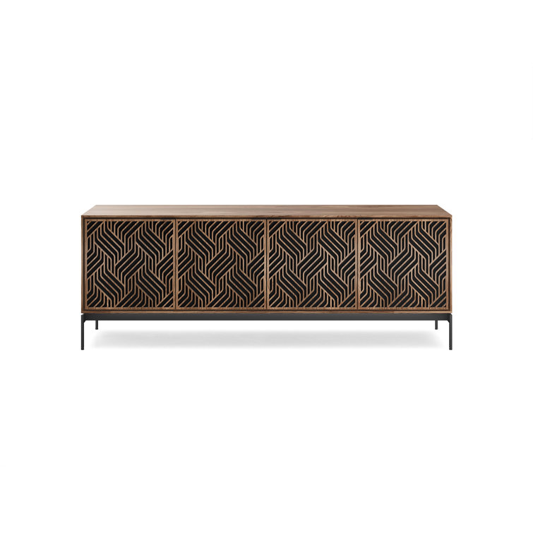 Natural Walnut and Black Patterned Media Console with Cabinet