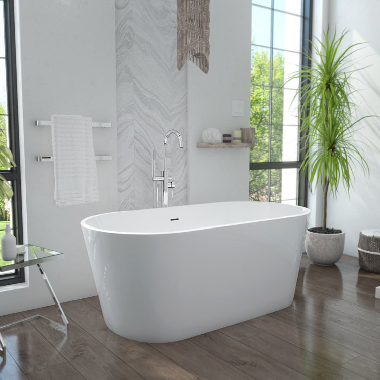 Enigma 59" White Acrylic Freestanding Bathtub with Brushed Brass Drain