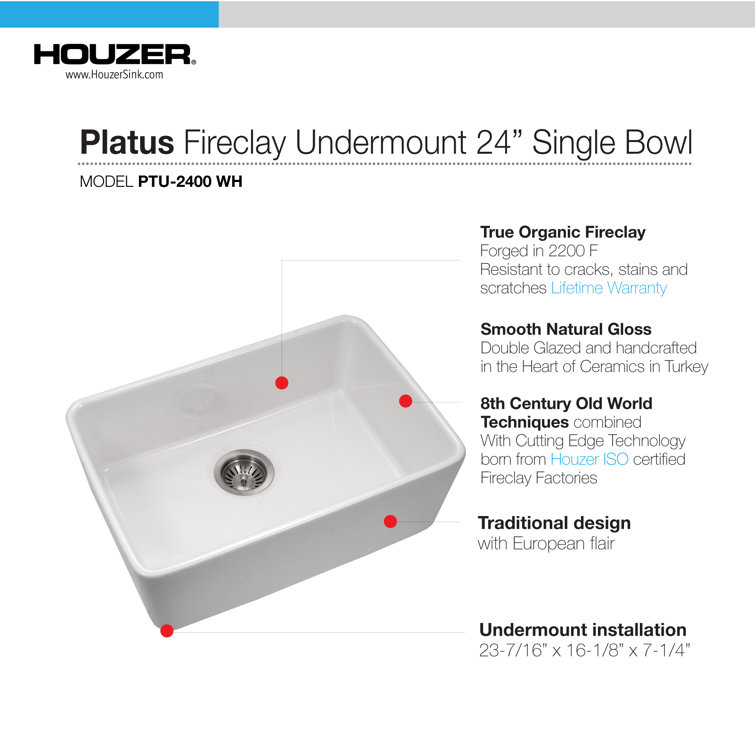 24-Inch White Fireclay Undermount Single Bowl Kitchen Sink