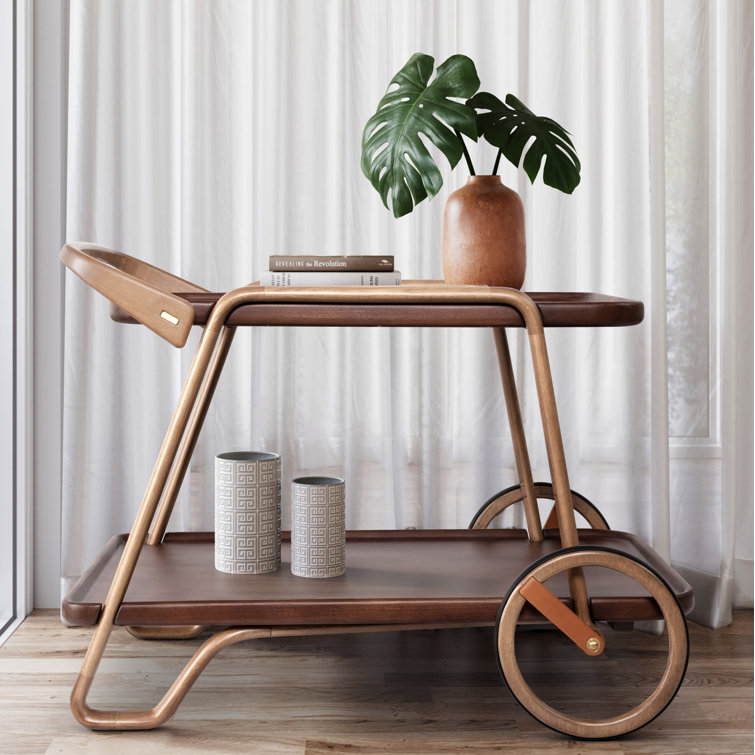 Bret Solid Wood Two-Tier Bar Cart with Wheels