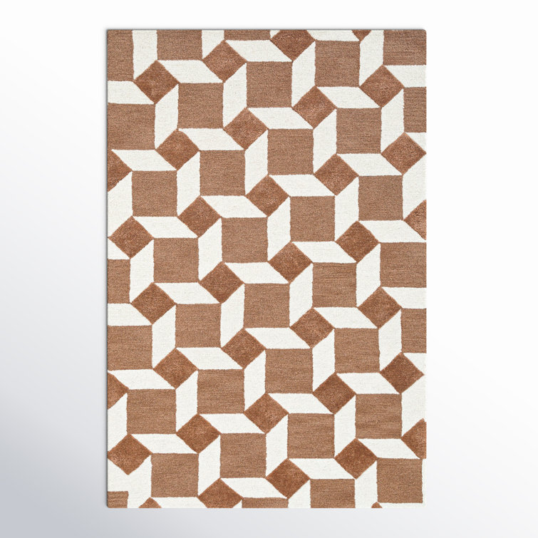 Retro Geometric Brown and White Hand-Tufted Wool Rug 6' x 9'