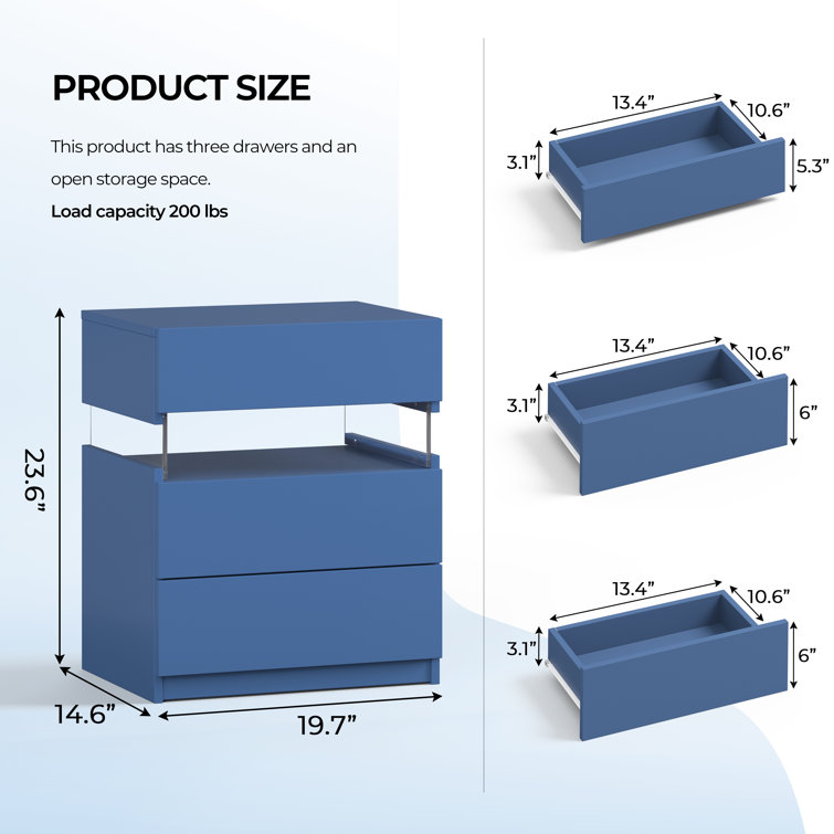 Blue LED 3-Drawer Manufactured Wood Nightstand Set