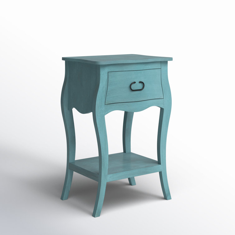 Distressed Blue Mango Wood 1-Drawer Nightstand with Shelf