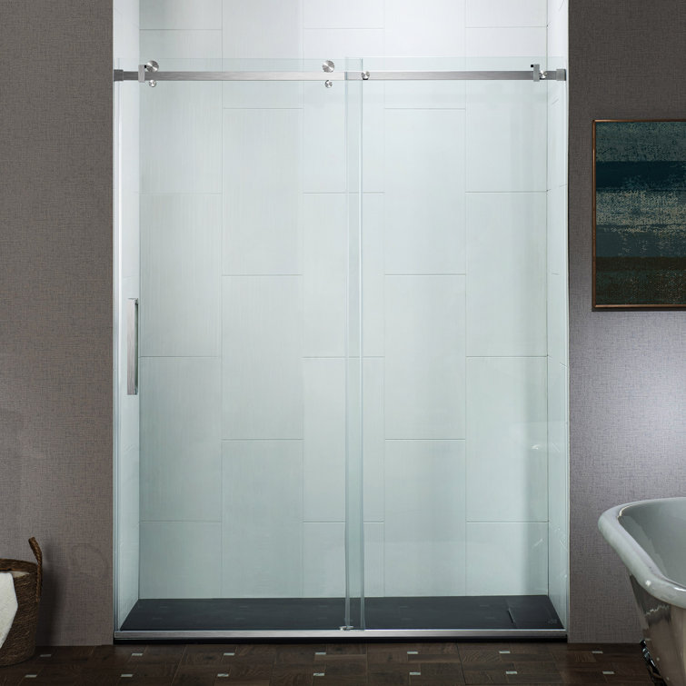 Brushed Nickel Frameless Sliding Shower Door with Clear Tempered Glass