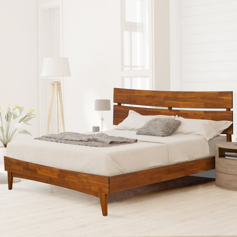 Caramel Acacia King Solid Wood Bed Frame with Headboard and Slats