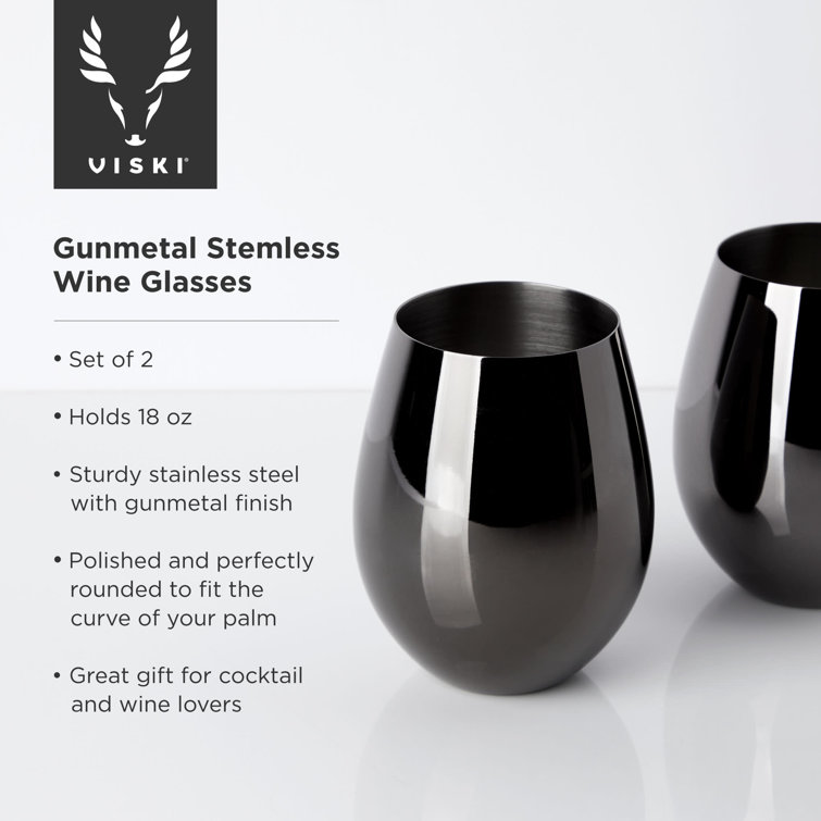 Gunmetal Black Stainless Steel Stemless Wine Glasses, Set of 2