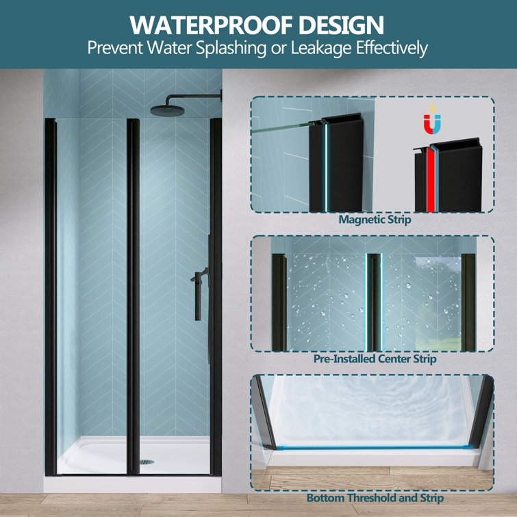 Matte Black Frameless Bifold Glass Shower Door 34" x 72"