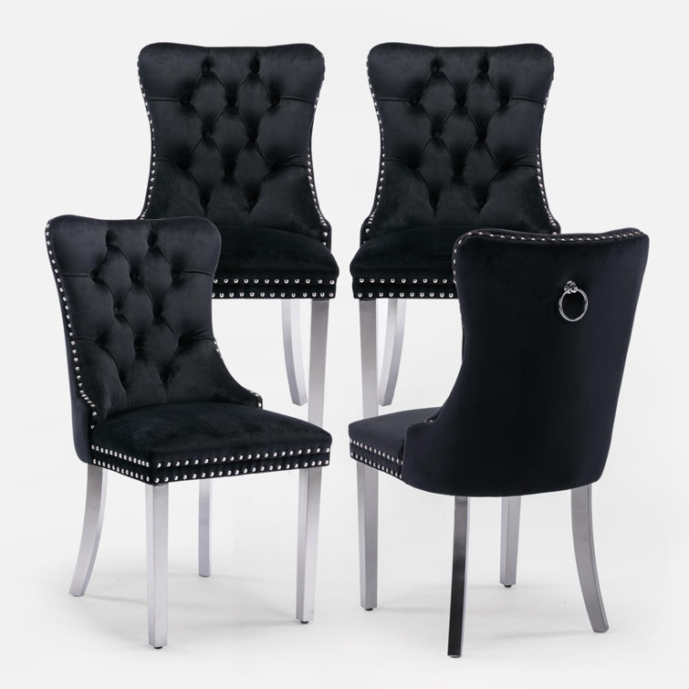 Black Velvet Tufted High Back Dining Chairs Set of 6