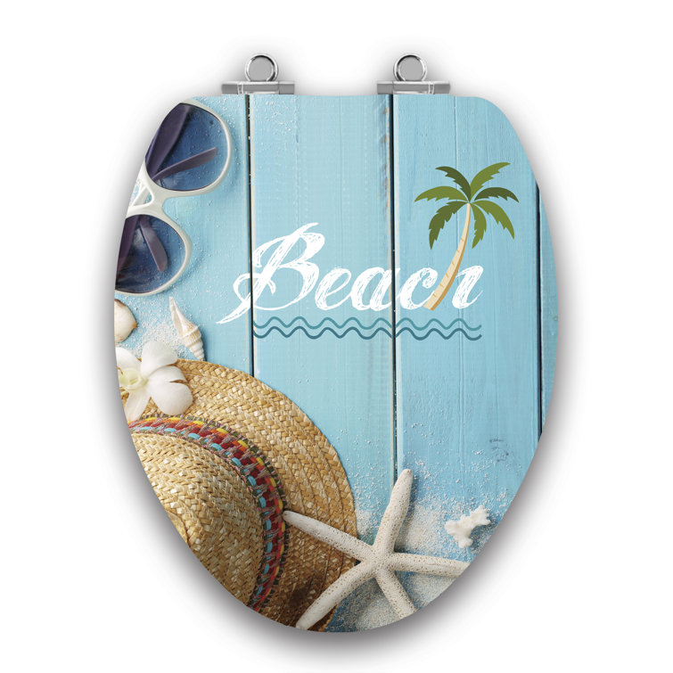 Beach Themed Blue Wood Elongated Toilet Seat with Acrylic Coating