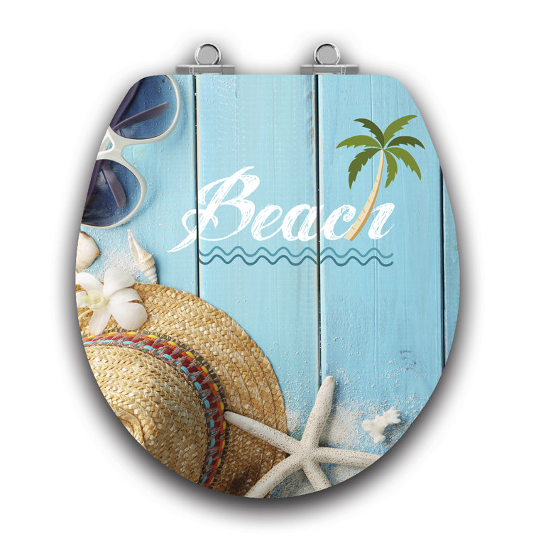 Beach Scene Round Toilet Seat with Chrome Hinges and Wood Lid