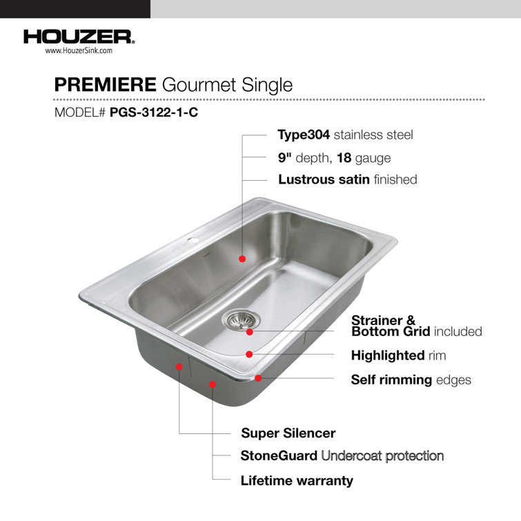 Premier 33" Stainless Steel Single Bowl Kitchen Sink with Strainer and Grid