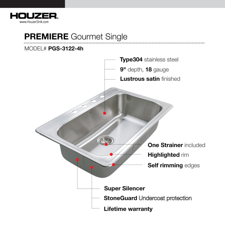 33-Inch Stainless Steel Single Bowl Kitchen Sink with Strainer and Grid