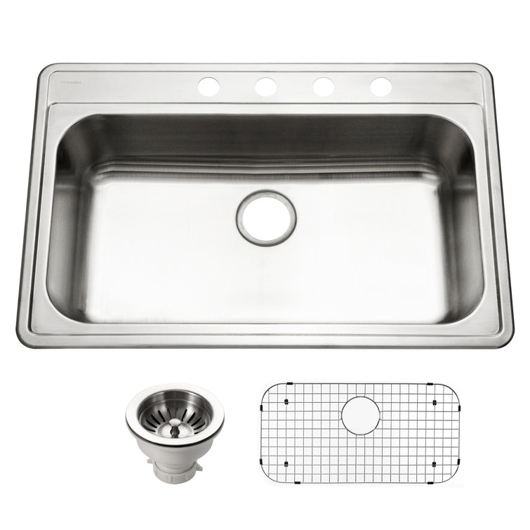 33-Inch Stainless Steel Single Bowl Kitchen Sink with Strainer and Grid