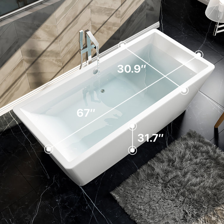 Glossy White Acrylic Freestanding Rectangular Bathtub 67"