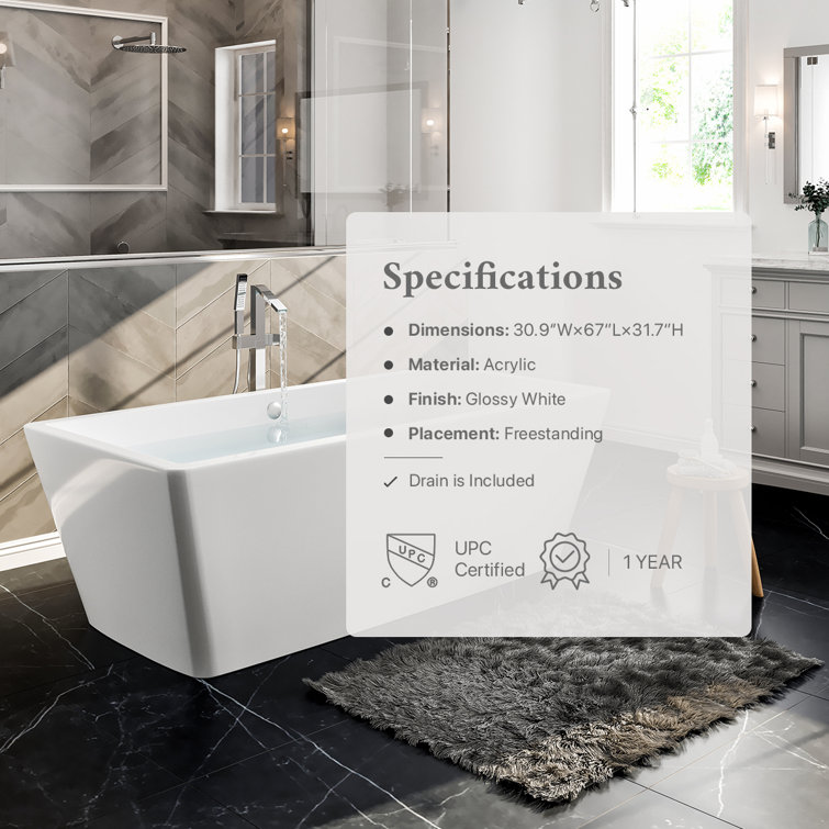 Glossy White Acrylic Freestanding Rectangular Bathtub 67"