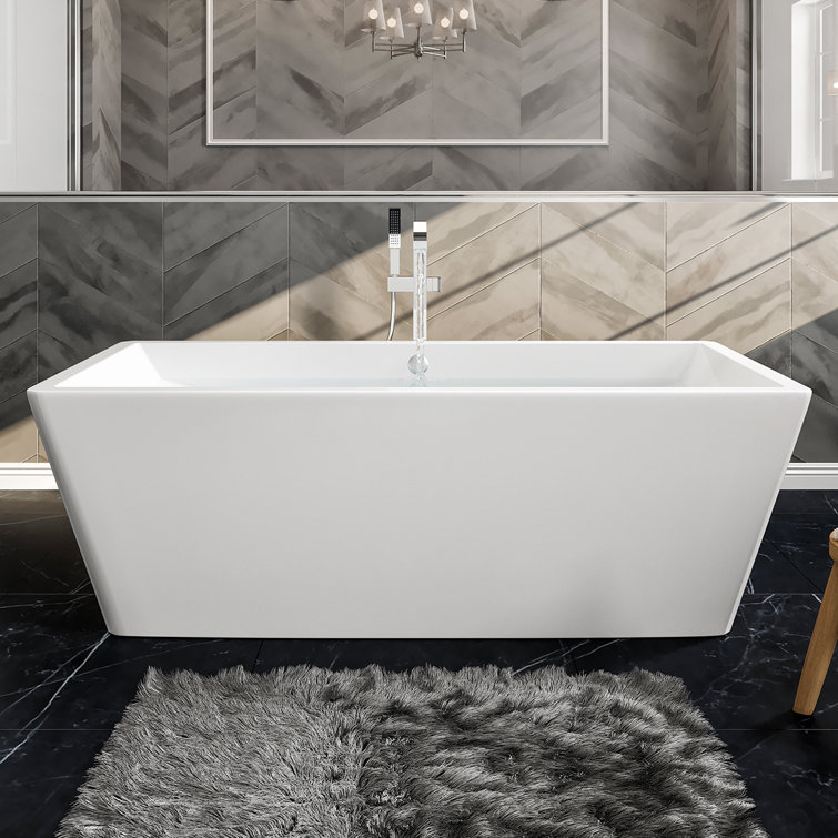 Glossy White Acrylic Freestanding Rectangular Bathtub 67"