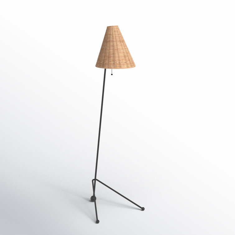 Aged Iron Tripod Floor Lamp with Rattan Shade