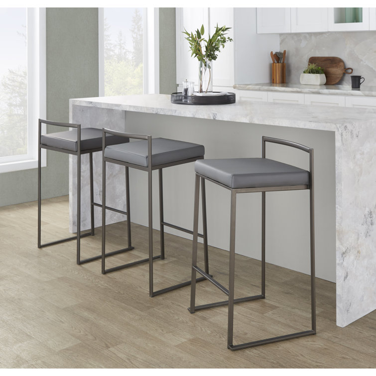 Antique Metal and Grey Faux Leather Stackable Counter Stools, Set of 2