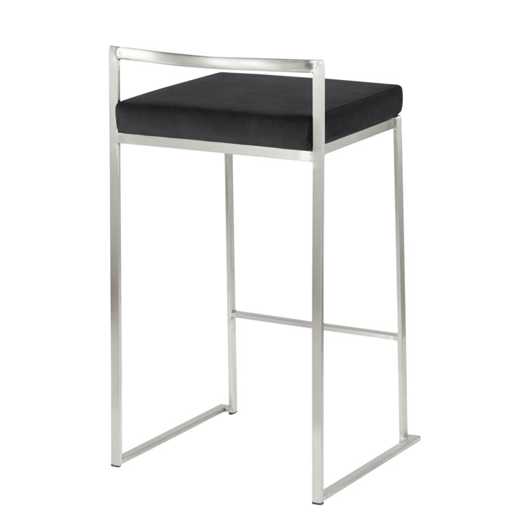Fuji Brushed Stainless Steel Stackable Counter Stools with Black Velvet Cushion, Set of 2