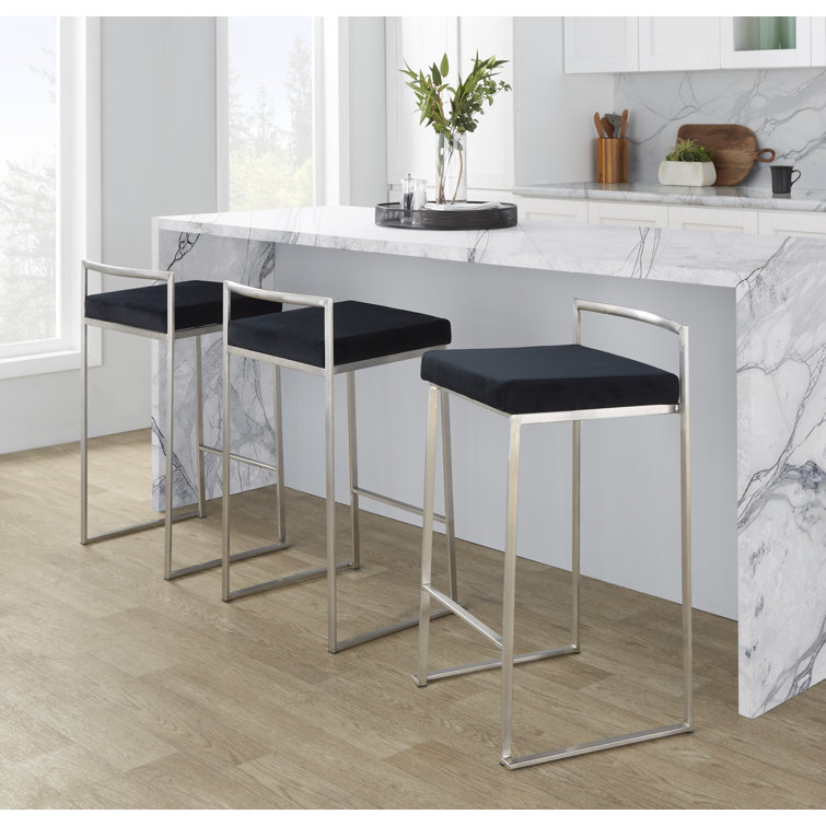 Fuji Brushed Stainless Steel Stackable Counter Stools with Black Velvet Cushion, Set of 2