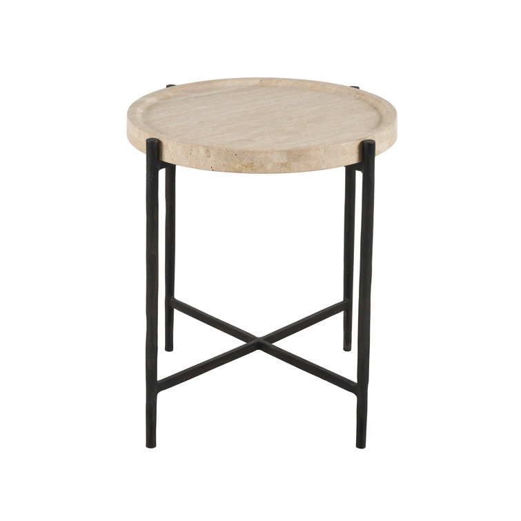 Theron Round Black and White Travertine Metal End Table