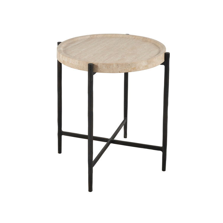 Theron Round Black and White Travertine Metal End Table