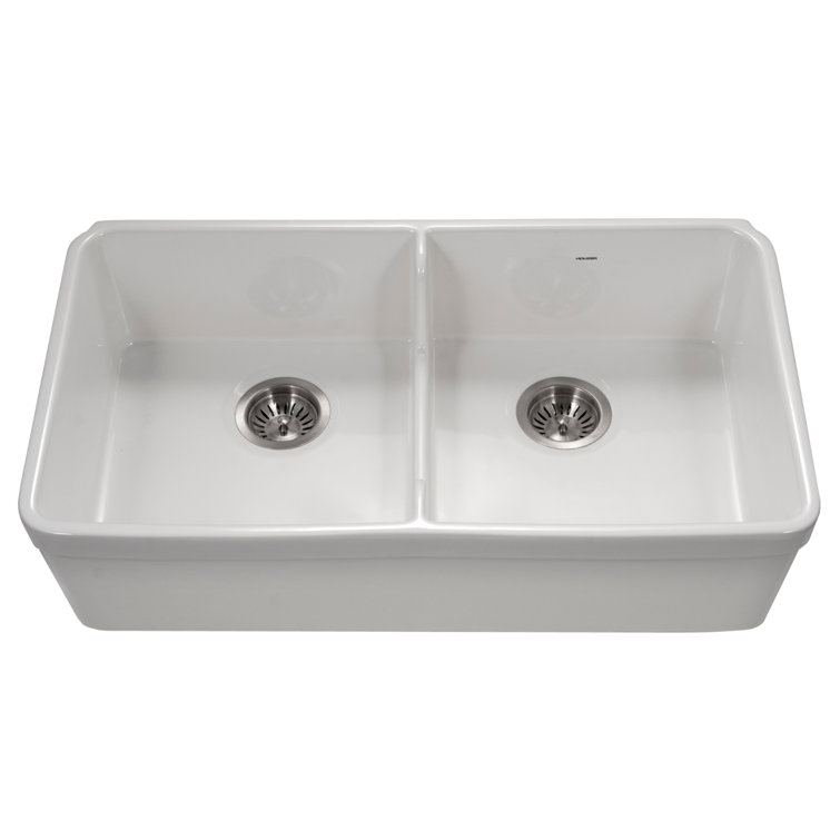 White Glossy Fireclay Double Bowl Farmhouse Sink