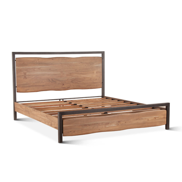 Queen Acacia Wood and Reclaimed Iron Platform Bed with Bookcase Headboard