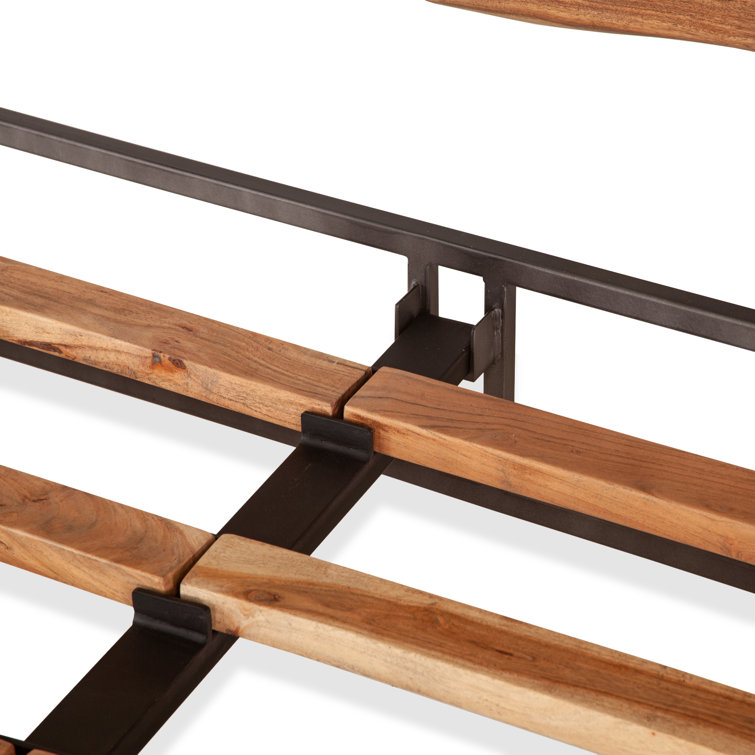 Queen Acacia Wood and Reclaimed Iron Platform Bed with Bookcase Headboard